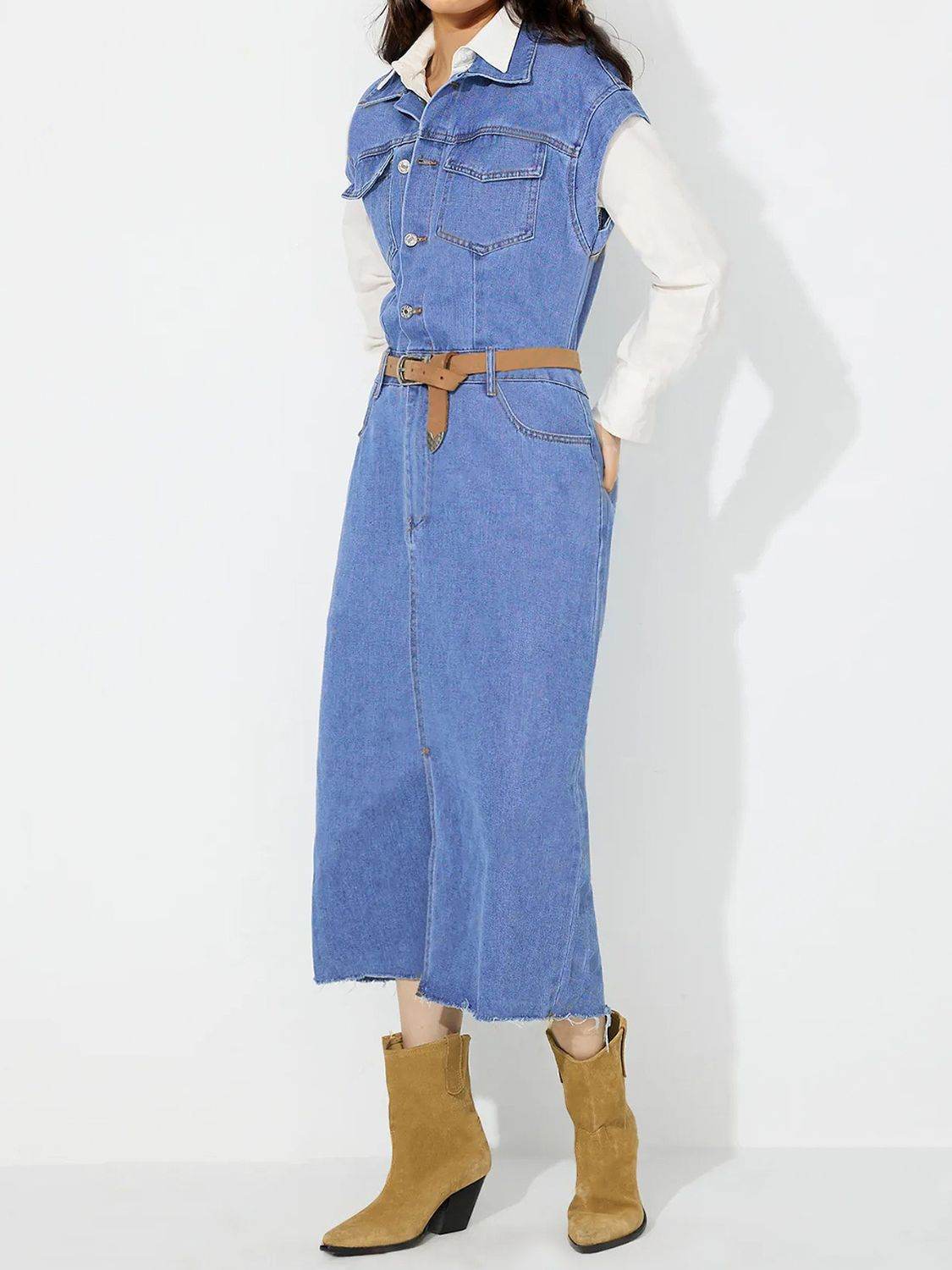 Slit Half Button Collared Neck Cap Sleeve Denim Dress - Hovatok