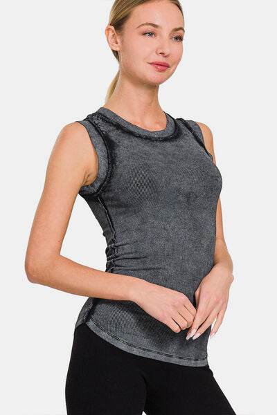 Zenana Washed Ribbed Round Neck Slim Tank - Hovatok