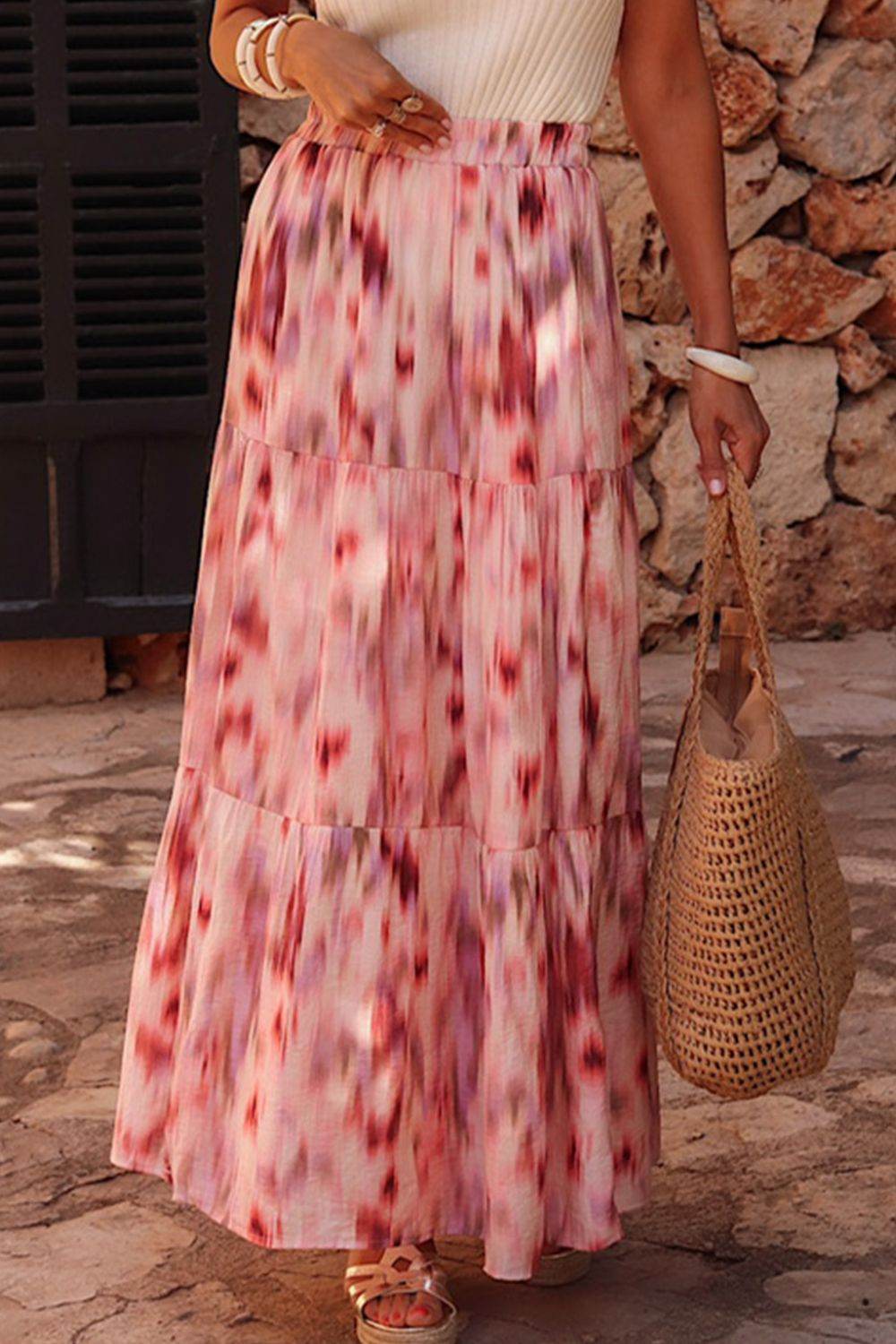 Tiered Printed Elastic Waist Skirt - Hovatok