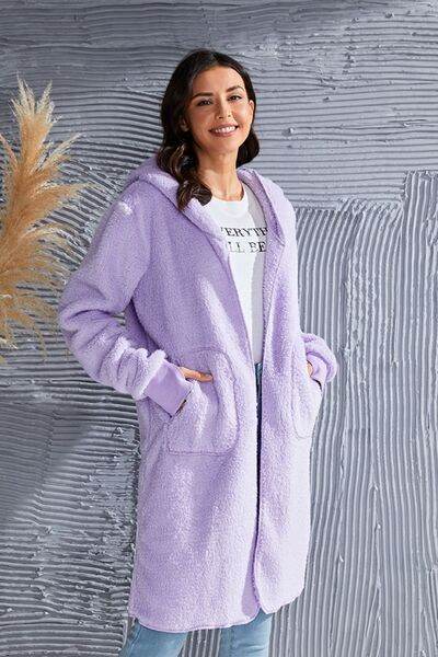 Double Take Full Size Hooded Teddy Bear Jacket with Thumbholes - Hovatok