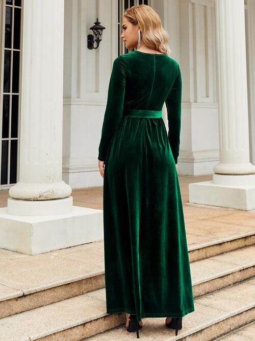 Tie Front Round Neck Long Sleeve Maxi Dress - Hovatok