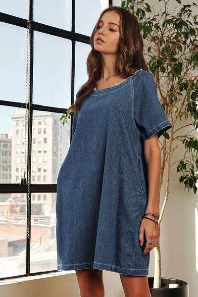 ADORA Raw Hem Mini Denim Dress with Pockets - Hovatok