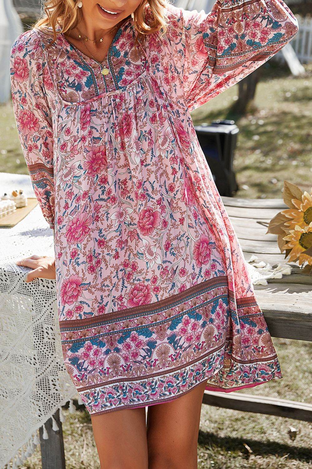Devine Printed Tie Neck Mini Dress - Hovatok