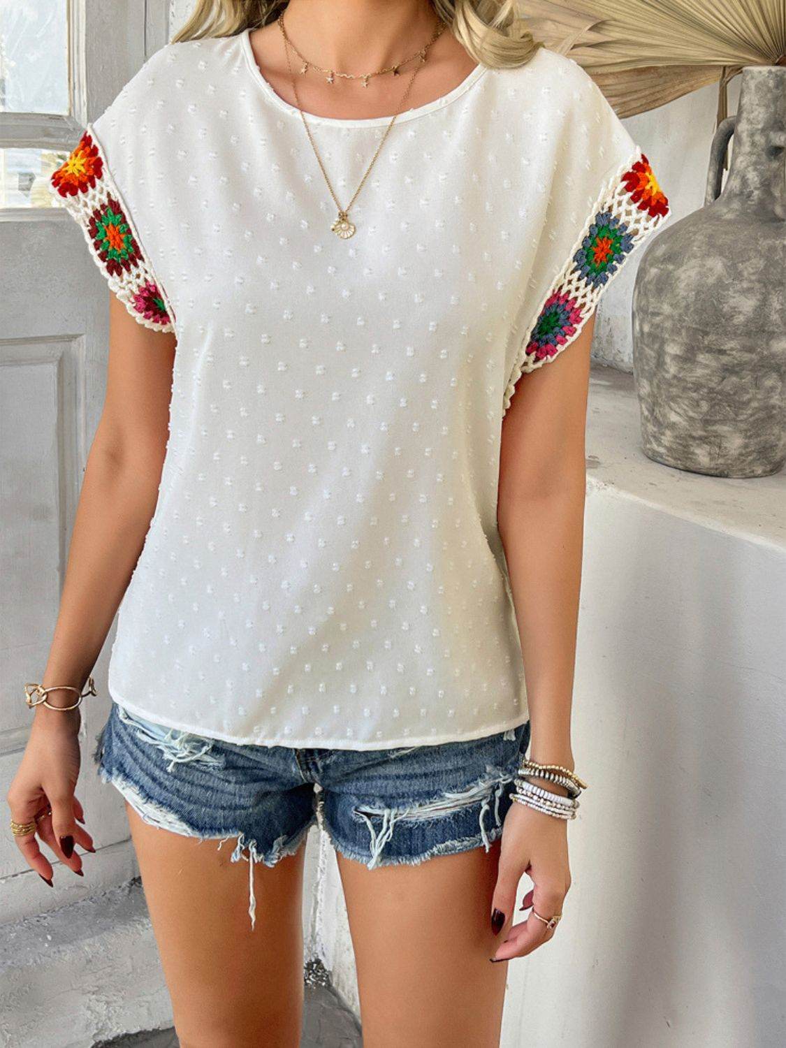 Devine Swiss Dot Round Neck Crochet Short Sleeve Top - Hovatok