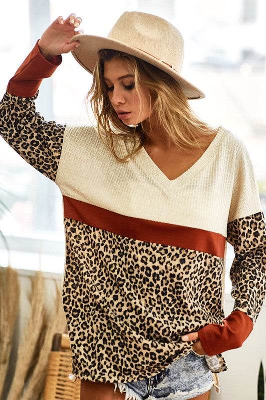 BiBi Waffle Knit Leopard Color Block V-Neck Top - Hovatok