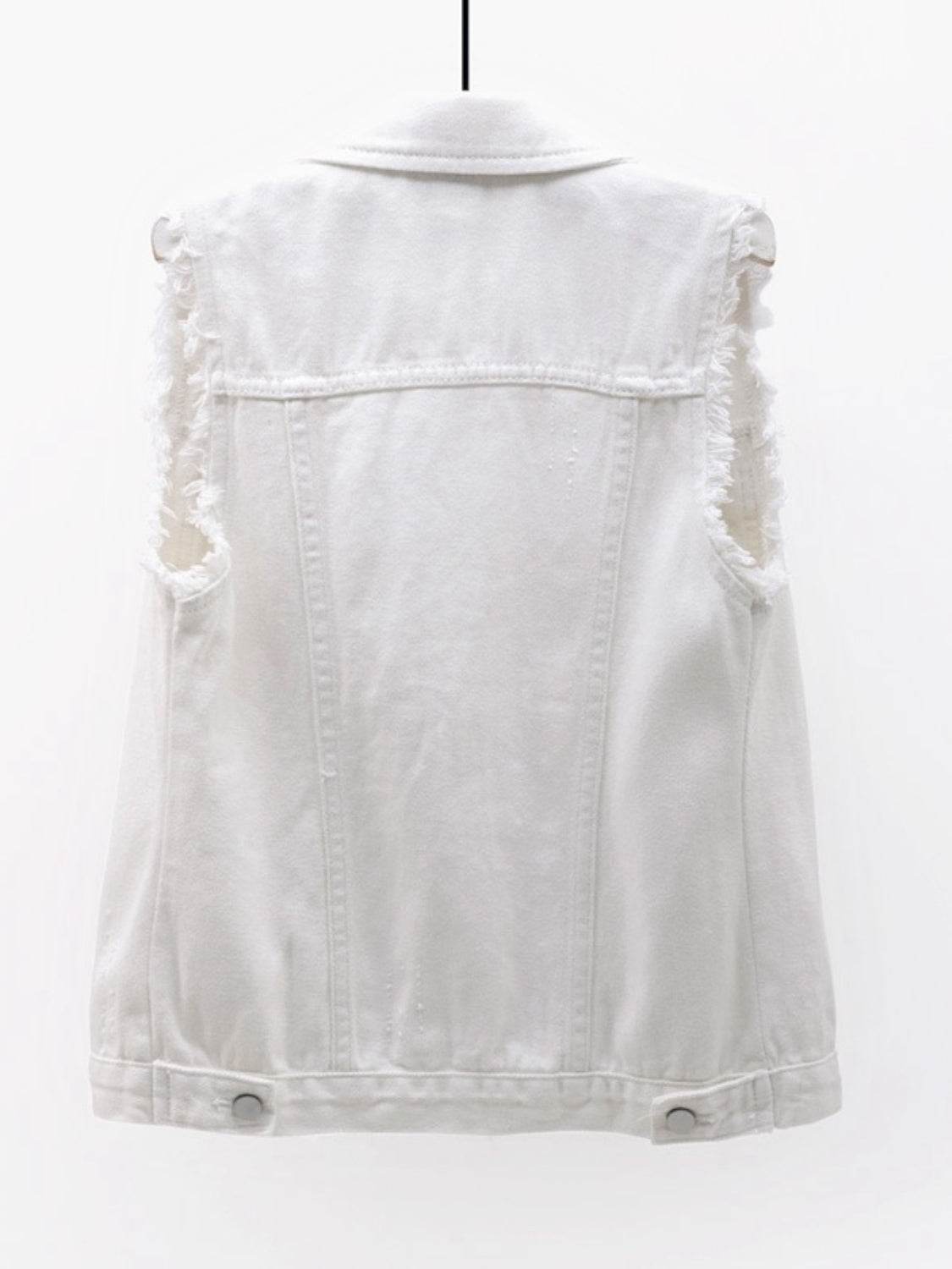 Full Size Button Down Raw Hem Sleeveless Denim Jacket Plus Size - Hovatok