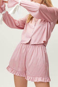 Basic Bae Tied Cuff Collared Neck Top and Frill Shorts Lounge Set - Hovatok