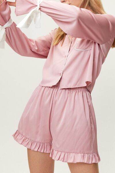 Basic Bae Tied Cuff Collared Neck Top and Frill Shorts Lounge Set - Hovatok
