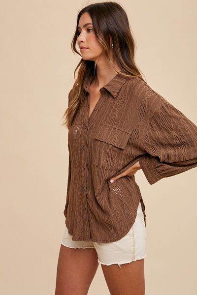 Annie Wear Openwork Button Down Drop Shoulder Shirt - Hovatok