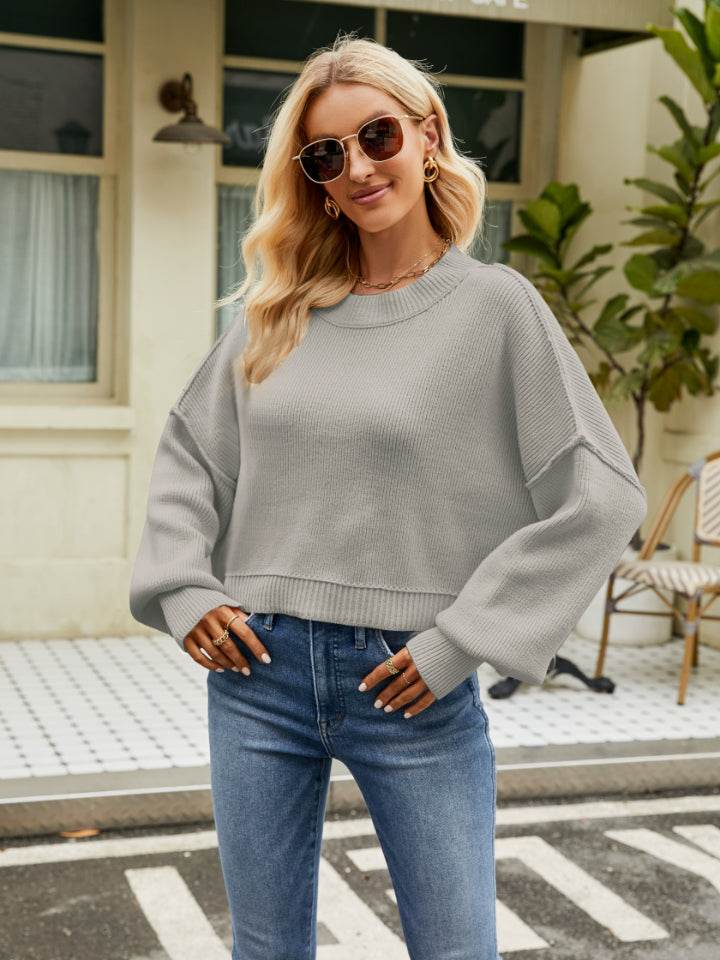 Round Neck Lantern Sleeve Sweater - Hovatok