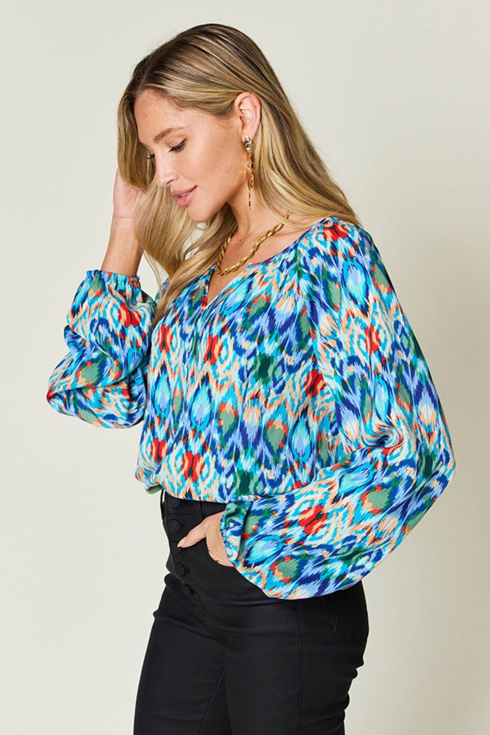 Double Take Full Size Printed Balloon Sleeve Blouse - Hovatok
