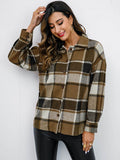 Shiny Plaid Button Up Collared Neck Jacket - Hovatok
