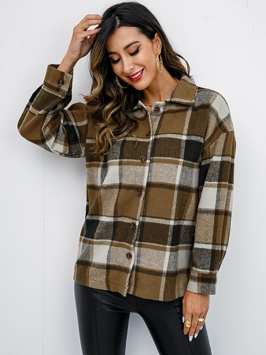 Shiny Plaid Button Up Collared Neck Jacket - Hovatok