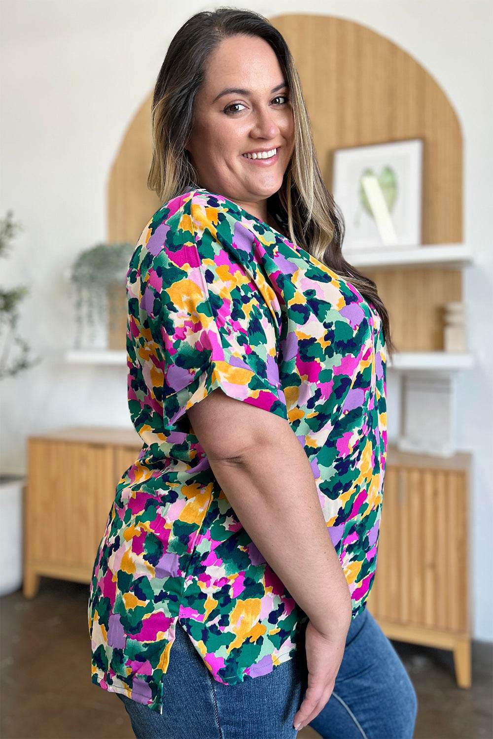 Double Take Full Size Printed V-Neck Short Sleeve Side Slit Top - Hovatok