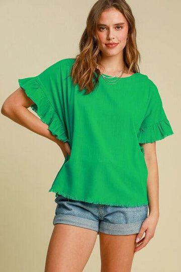 Umgee Full Size Raw Hem Ruffle Short Sleeve Blouse Plus Size - Hovatok