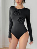 Perfee Flower Round Neck Long Sleeve Bodysuit - Hovatok