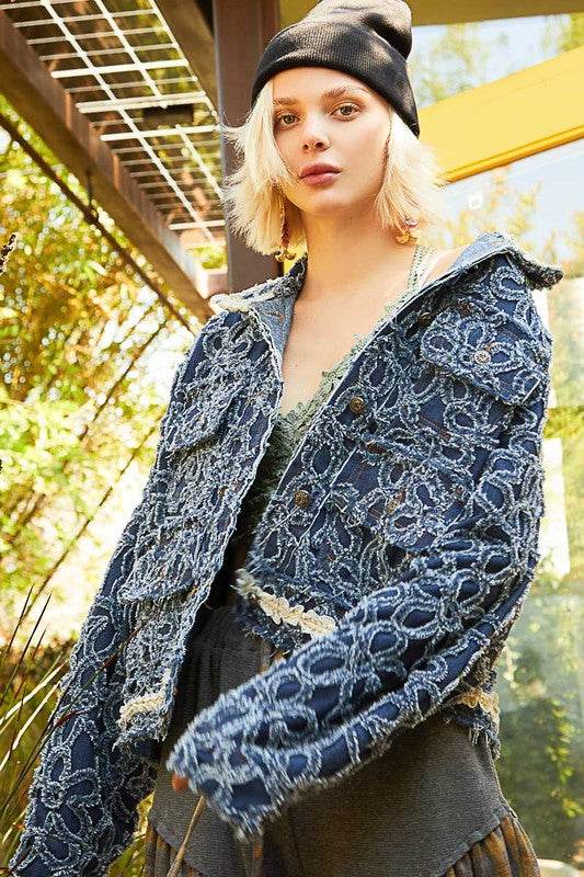 POL Flower Textured Raw Hem Long Sleeve Denim Jacket - Hovatok