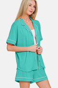 Zenana Button Down Short Sleeve Top and Shorts Lounge Set - Hovatok