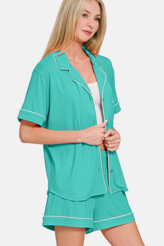 Zenana Button Down Short Sleeve Top and Shorts Lounge Set - Hovatok