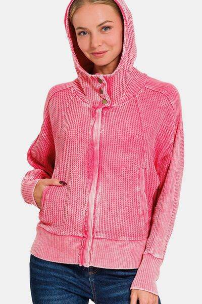 Zenana Washed Zip Up Hooded Jacket - Hovatok