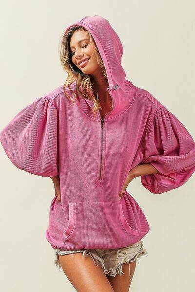 BiBi Waffle-Knit Half Zip Hooded Top - Hovatok
