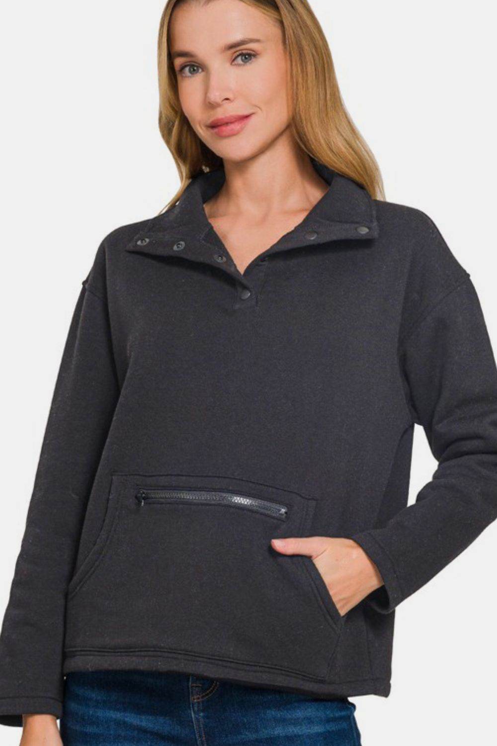 Zenana Turtleneck Half Snap Fleece Sweatshirt - Hovatok
