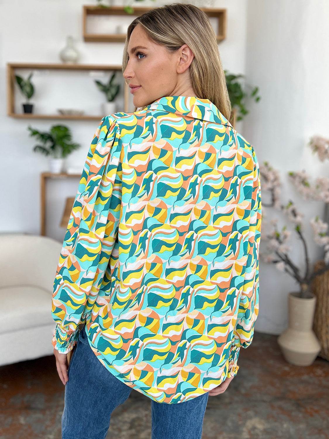 Double Take Full Size Printed Smocked Long Sleeve Blouse - Hovatok