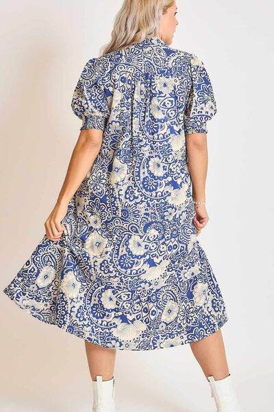 Umgee Full Size Printed Smocked Cuff Puff Sleeve Midi Dress Plus Size - Hovatok