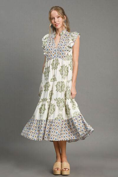 Umgee Full Size Mixed Print Ruffle Cap Sleeve Midi Dress Plus Size - Hovatok