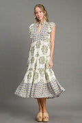 Umgee Full Size Mixed Print Ruffle Cap Sleeve Midi Dress Plus Size - Hovatok
