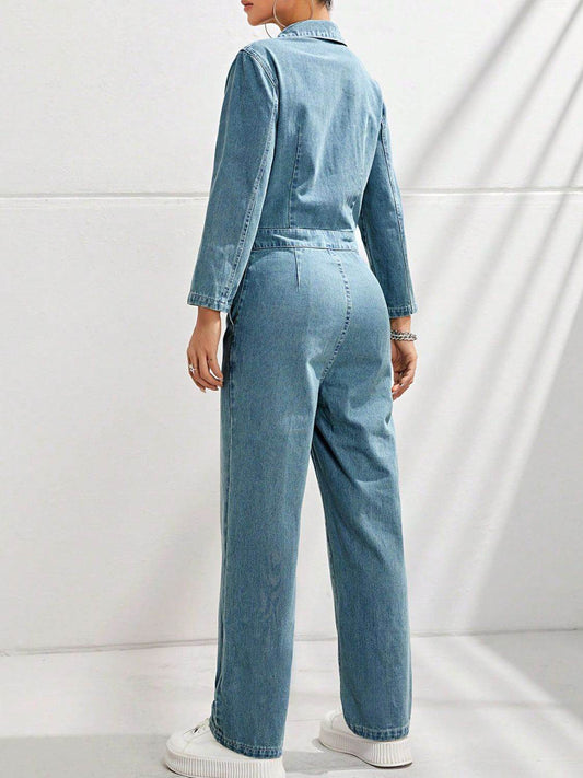 Half Button Long Sleeve Straight Leg Denim Jumpsuit - Hovatok