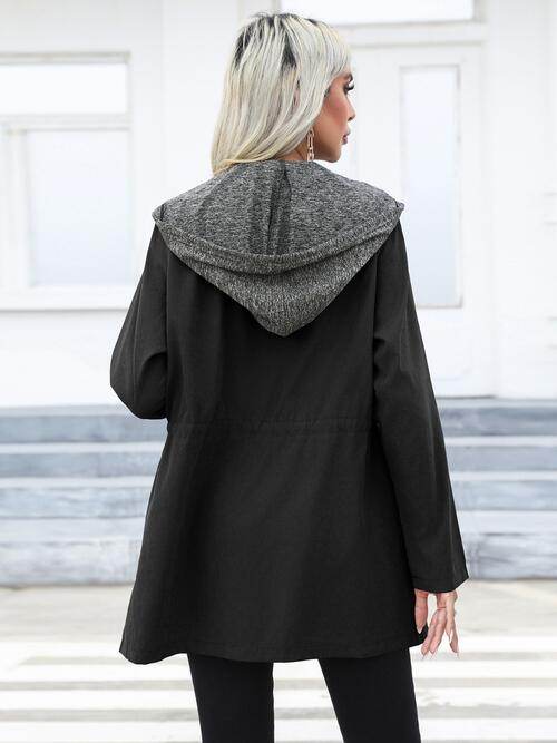 Zip Up Drawstring Hooded Trench Coat - Hovatok