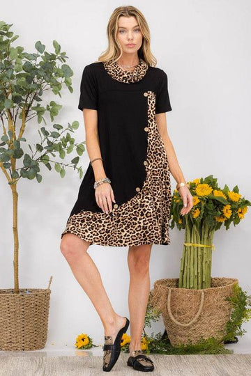 Celeste Full Size Decor Button Leopard Short Sleeve Dress Plus Size - Hovatok