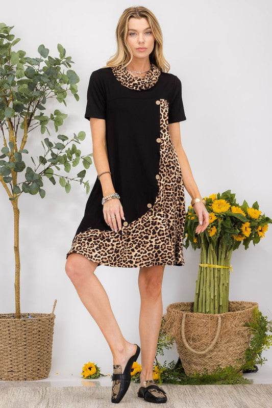 Celeste Full Size Decor Button Leopard Short Sleeve Dress Plus Size - Hovatok