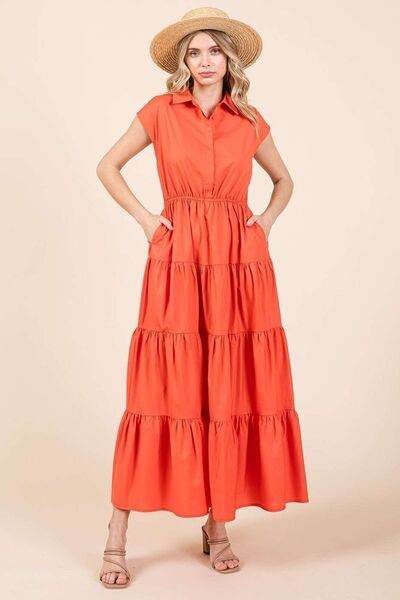 Mittoshop Button Up Collared Tiered Maxi Shirt Dress - Hovatok