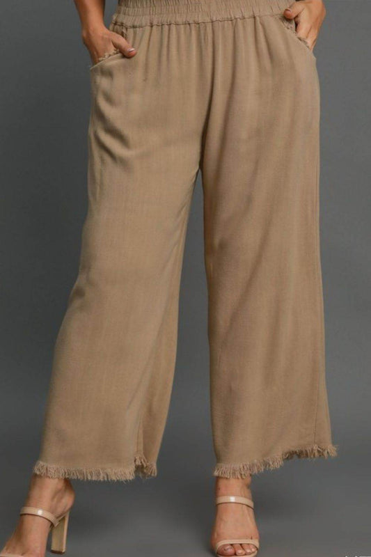 Umgee Full Size Linen Blend Elastic Waistband Wide Leg Pants Plus Size - Hovatok