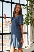 ADORA Raw Hem Mini Denim Dress with Pockets - Hovatok