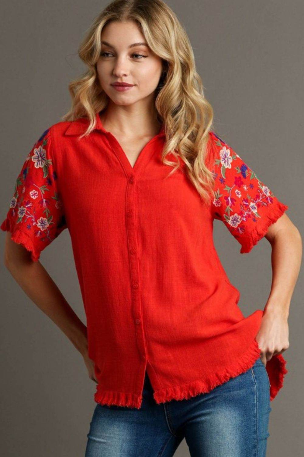 Umgee Full Size Linen Shirt with Embroidered Sleeves Plus Size - Hovatok