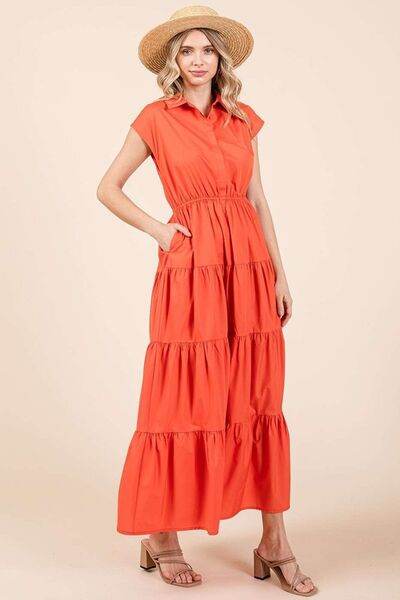 Mittoshop Button Up Collared Tiered Maxi Shirt Dress - Hovatok