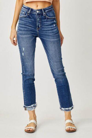 Risen Full Size High-Rise Frayed Cuffed Straight Jeans - Hovatok