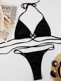 Halter Neck Crisscross Ribbed Bikini Set - Hovatok