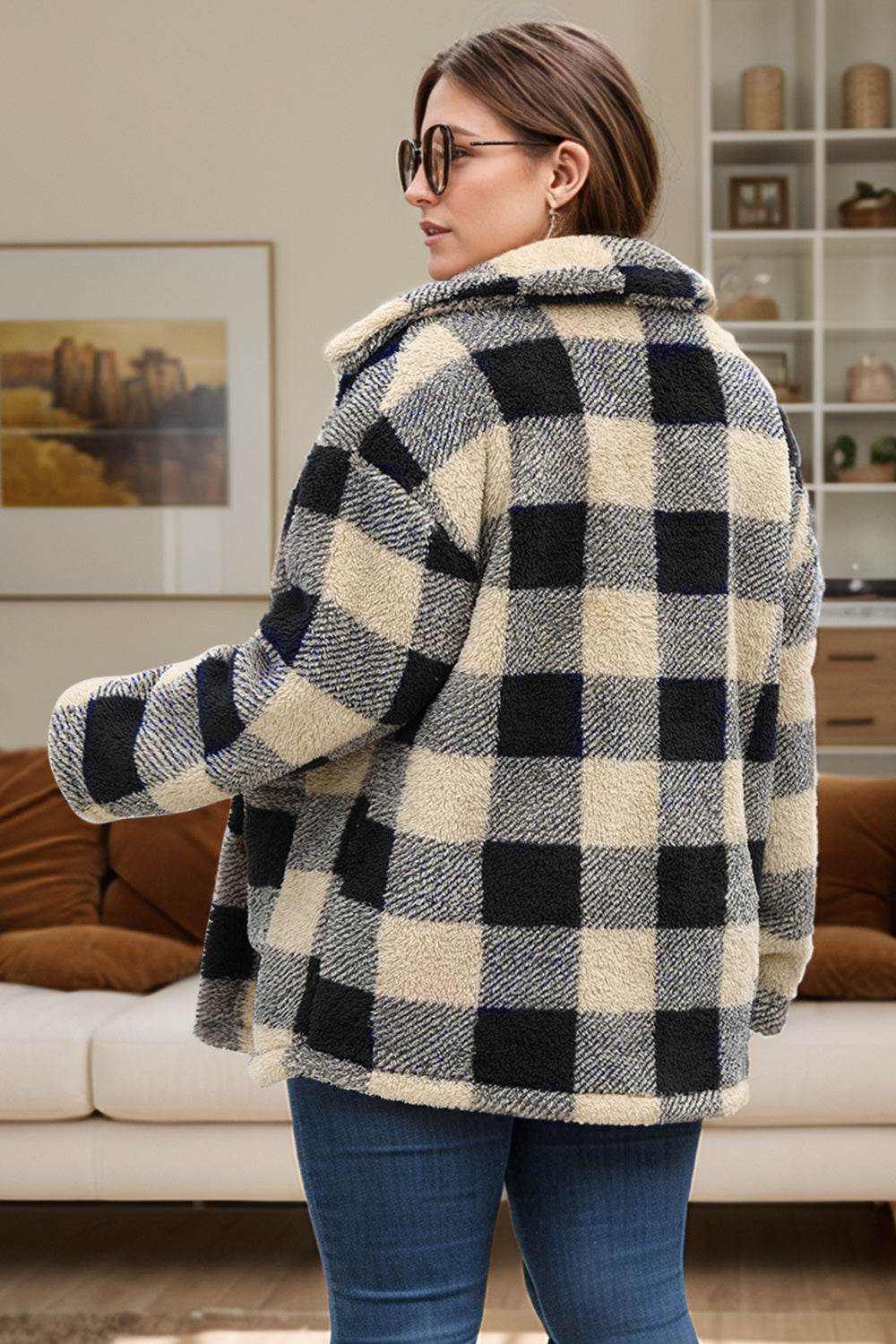 Plus Size Plaid Button Up Long Sleeve Coat - Hovatok