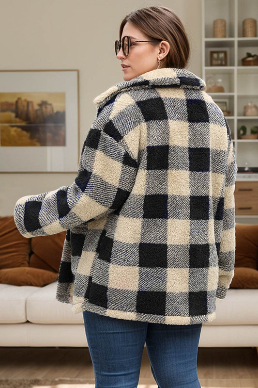 Plus Size Plaid Button Up Long Sleeve Coat - Hovatok
