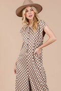 Ces Femme Checkered Half Button Cap Sleeve Jumpsuit - Hovatok