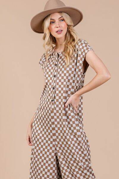 Ces Femme Checkered Half Button Cap Sleeve Jumpsuit - Hovatok