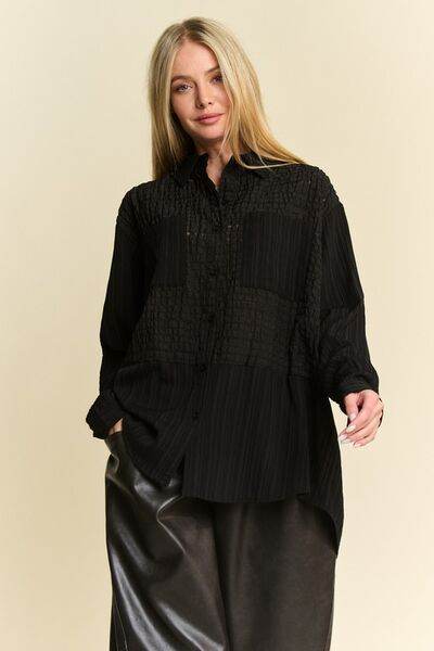 Davi & Dani Crinkled Jacquard Button Down Shirt - Hovatok