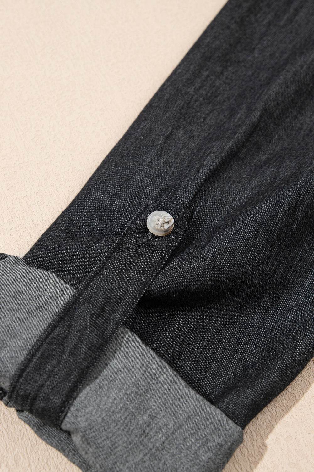 Pocketed Collared Neck Long Sleeve Denim Top - Hovatok