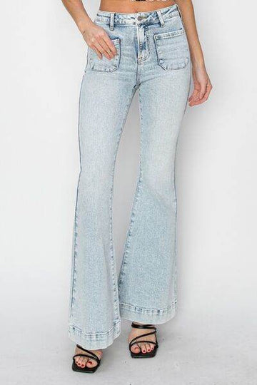 Risen Full Size High Rise Front Patch Pocket Flare Jeans - Hovatok