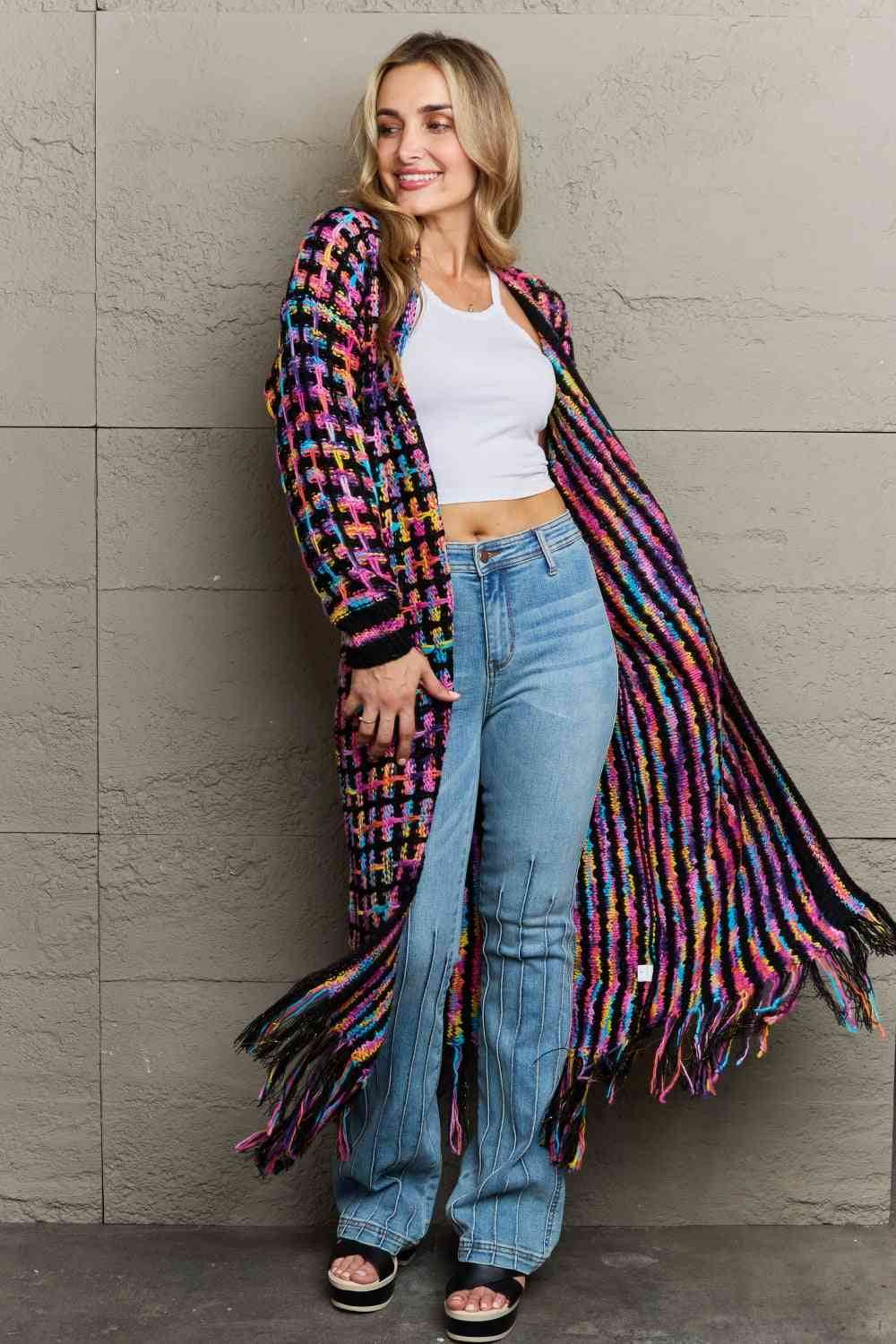 Angel Wings Full Size Multicolored Open Front Fringe Hem Cardigan - Hovatok