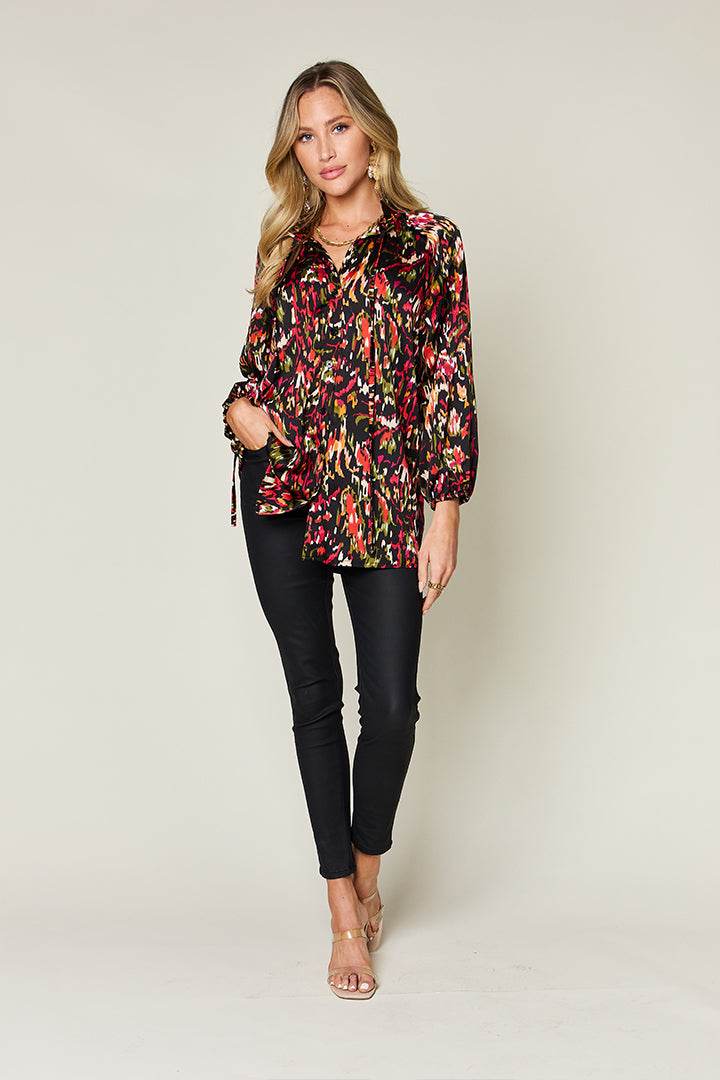 Double Take Full Size Printed Button Up Long Sleeve Shirt - Hovatok